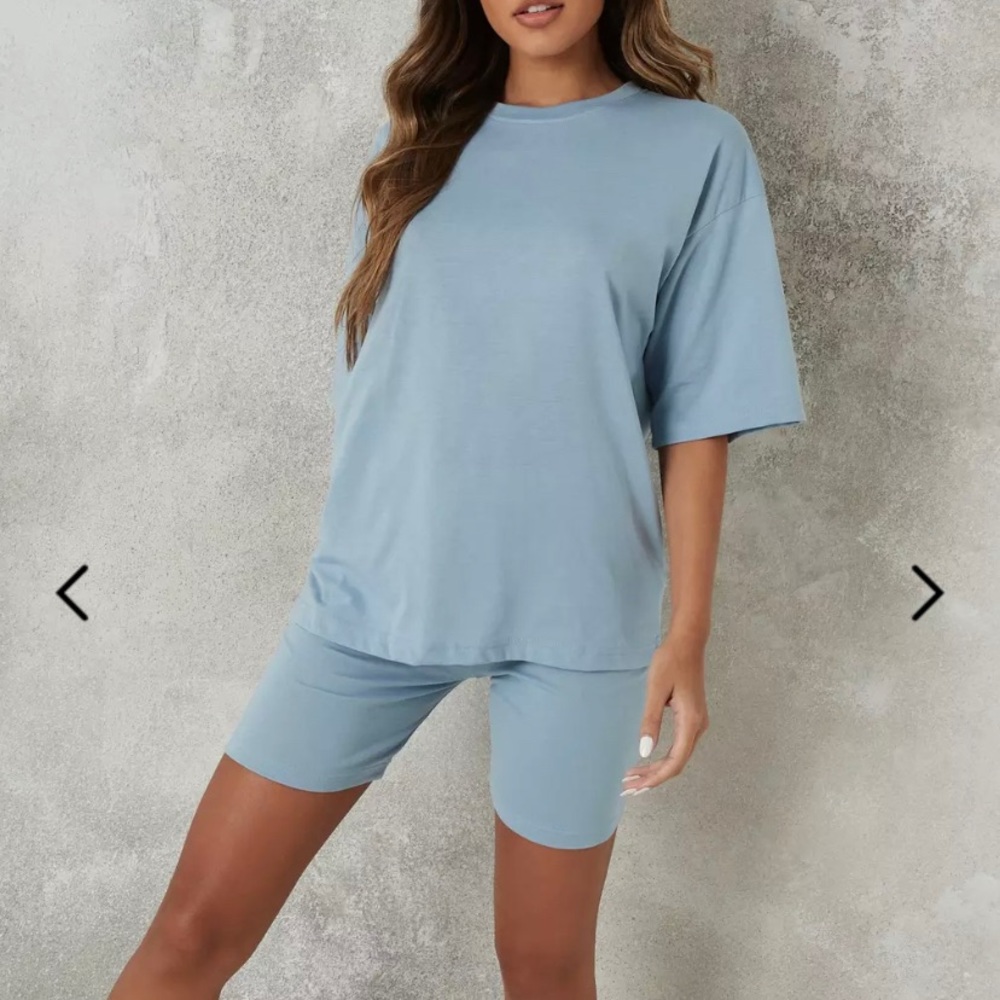 blue oversized t shirt and biker shorts co ord set